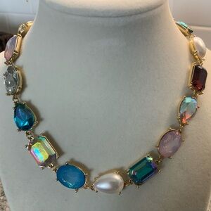 NWOT Multi colored crystal necklace. Blues, pink, AB crystals. 18k gold plated.